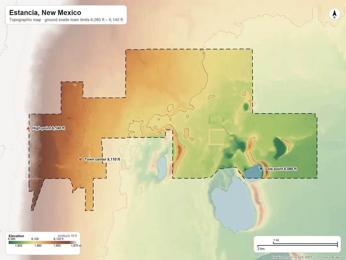 Topographic elevation map of Estancia, New Mexico, shaded from 6,080 ft on the east side to 6,140 ft on the northwest side