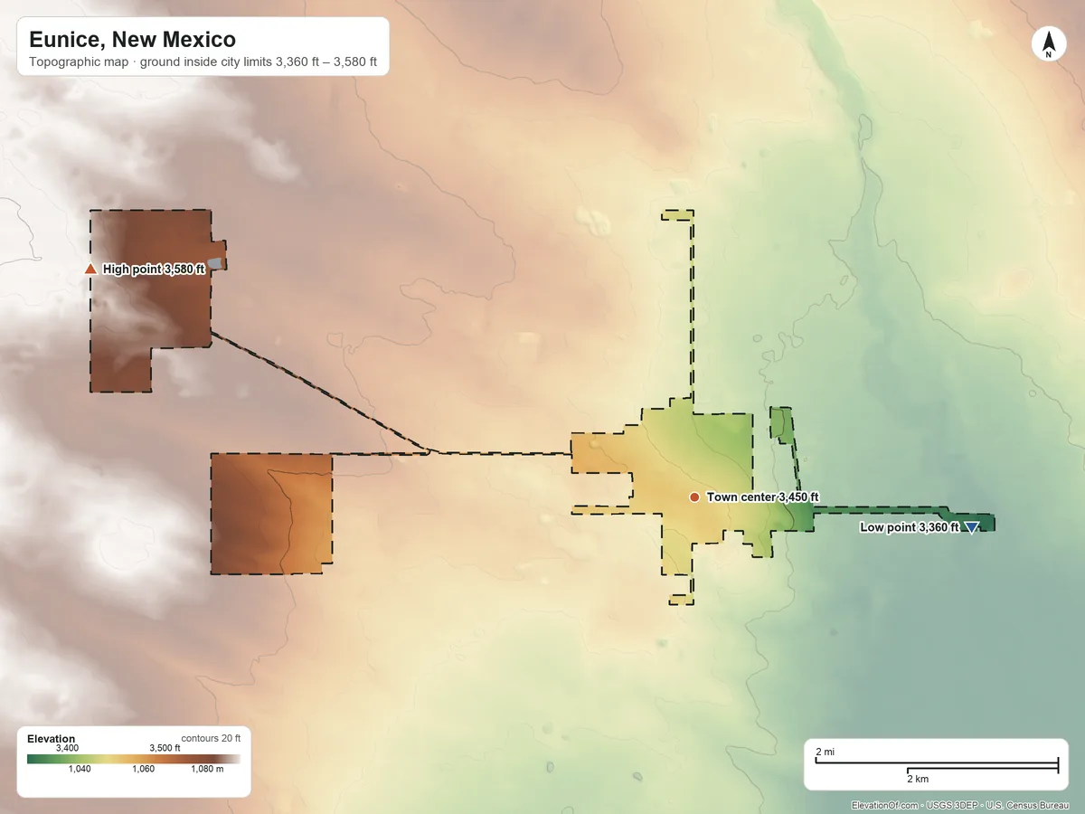 Topographic elevation map of Eunice, New Mexico, shaded from 3,360 ft on the east side to 3,580 ft on the west side