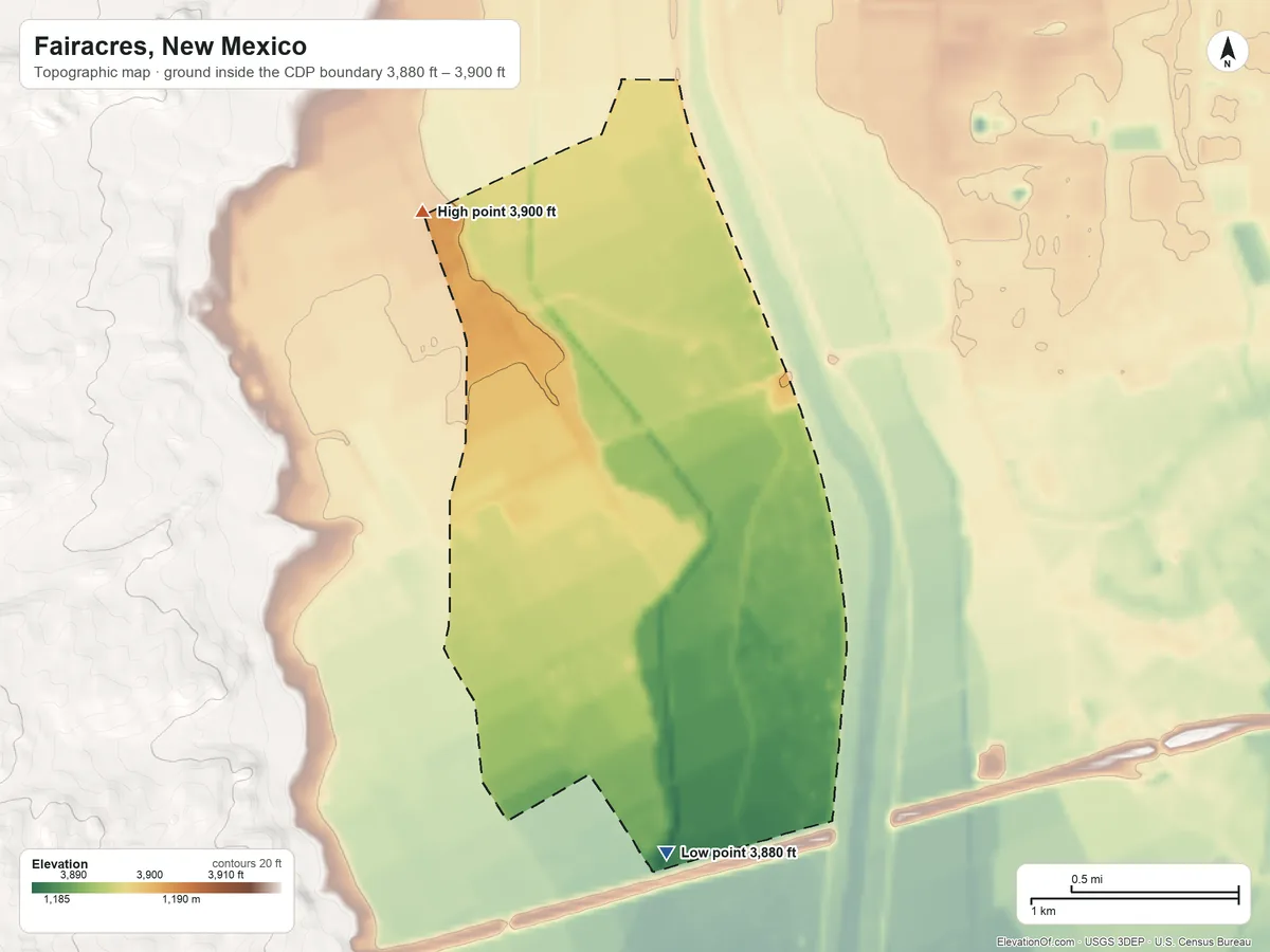 Topographic elevation map of Fairacres, New Mexico, shaded from 3,880 ft on the south side to 3,900 ft on the northwest side