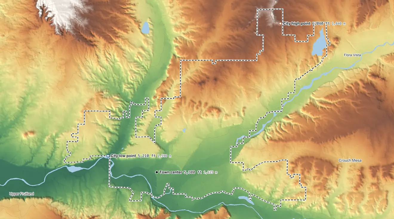 Topographic elevation map of Farmington, New Mexico, shaded from 5,210 ft on the west side to 6,040 ft on Hood Mesa