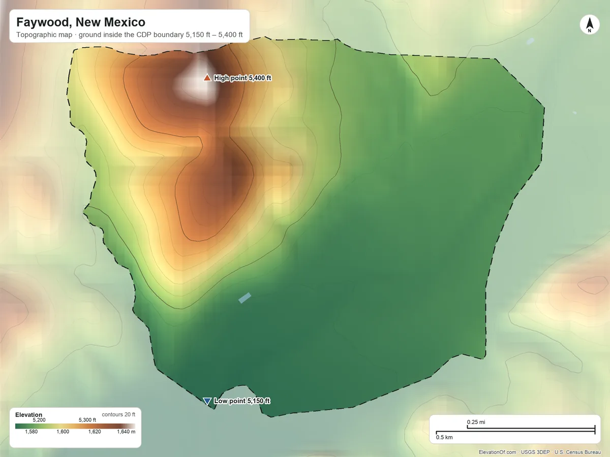 Topographic elevation map of Faywood, New Mexico, shaded from 5,150 ft on the south side to 5,400 ft at the foot of the Cookes Range