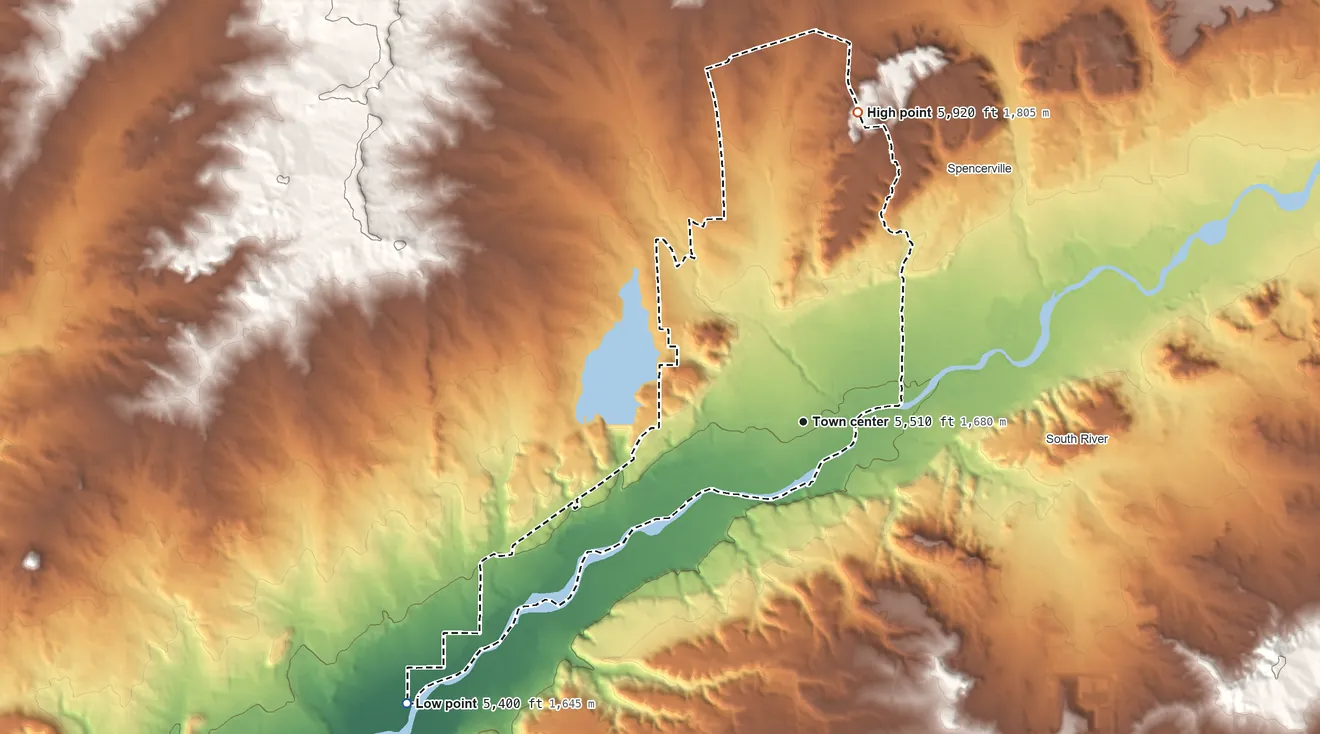 Topographic elevation map of Flora Vista, New Mexico, shaded from 5,400 ft on the southwest side to 5,920 ft on the north side