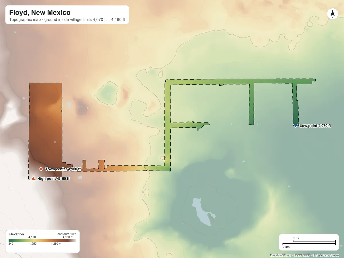Topographic elevation map of Floyd, New Mexico, shaded from 4,070 ft on the east side to 4,160 ft near the middle