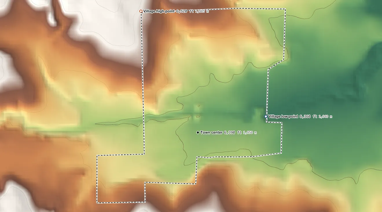 Topographic elevation map of Folsom, New Mexico, shaded from 6,360 ft on the east side to 6,520 ft on the northwest edge, below higher ground just outside