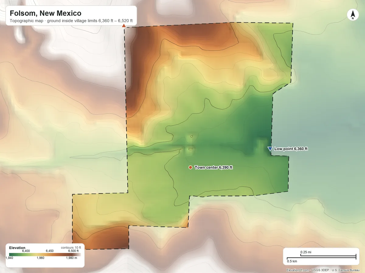 Topographic elevation map of Folsom, New Mexico, shaded from 6,360 ft on the east side to 6,520 ft on the northwest edge, below higher ground just outside