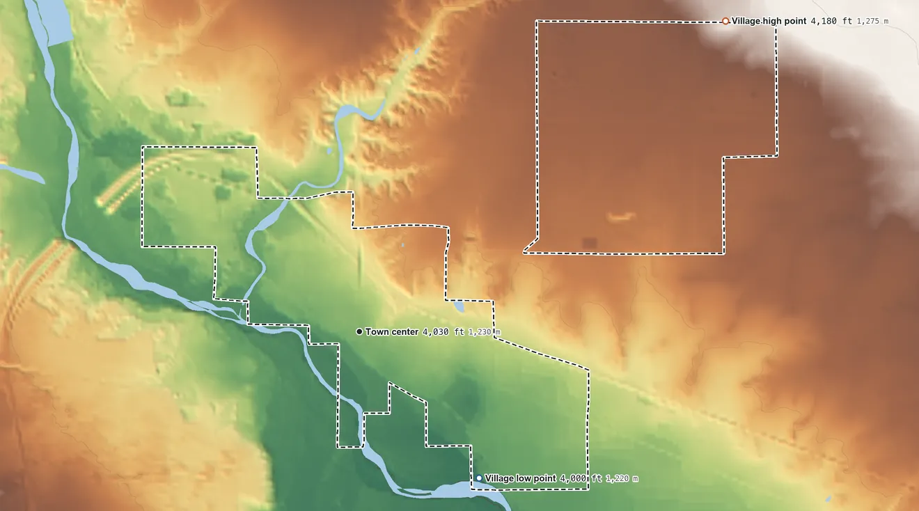 Topographic elevation map of Fort Sumner, New Mexico, shaded from 4,000 ft on the southeast side to 4,180 ft on the northeast side