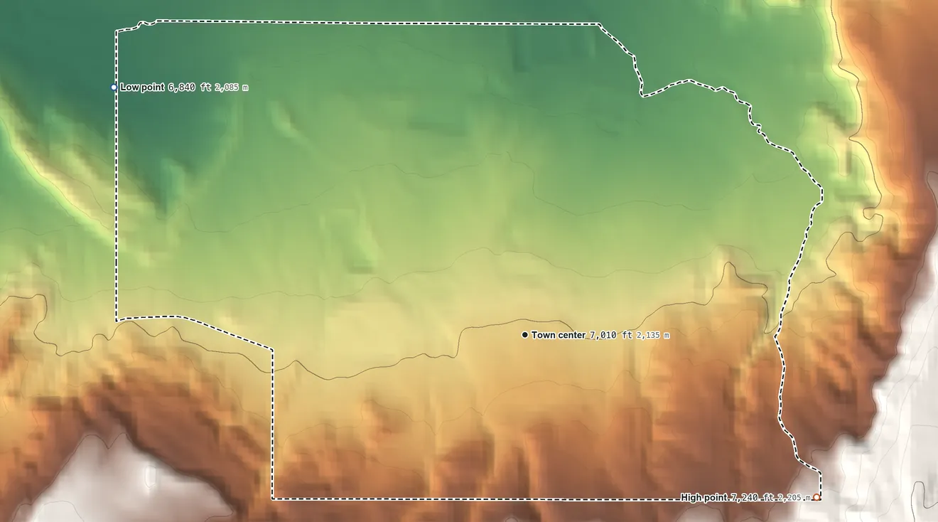Topographic elevation map of Fort Wingate, New Mexico, shaded from 6,840 ft on the northwest side to 7,240 ft on the southeast edge, below higher ground just outside