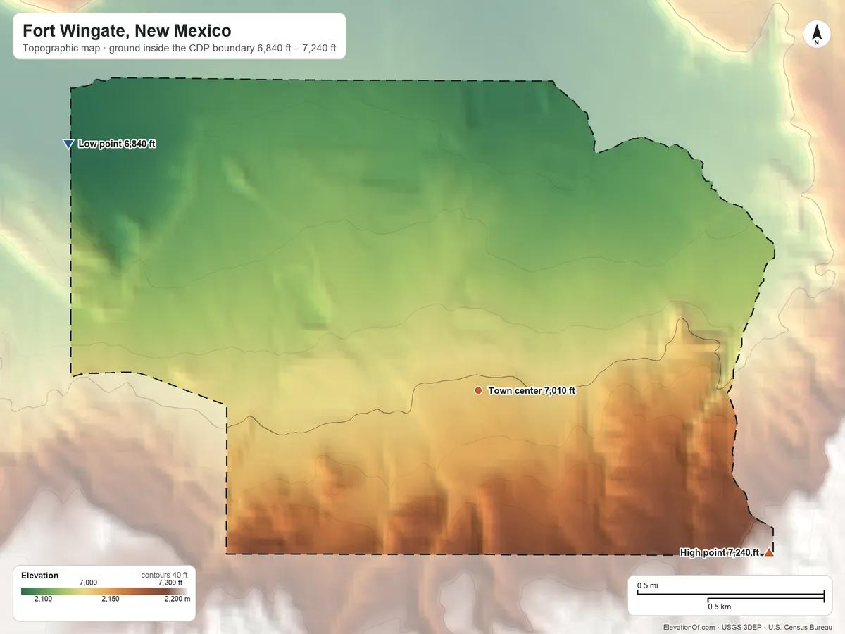 Topographic elevation map of Fort Wingate, New Mexico, shaded from 6,840 ft on the northwest side to 7,240 ft on the southeast edge, below higher ground just outside