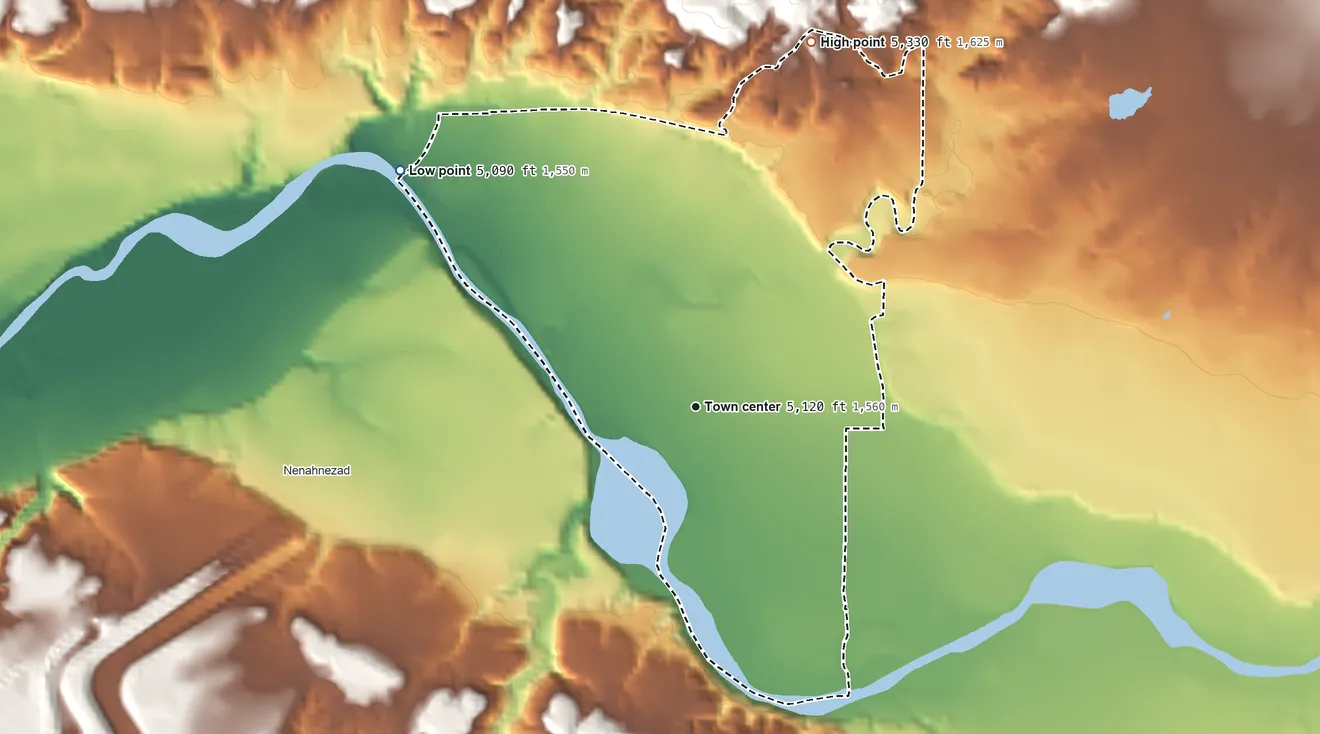 Topographic elevation map of Fruitland, New Mexico, shaded from 5,090 ft on the northwest side to 5,330 ft on the north side