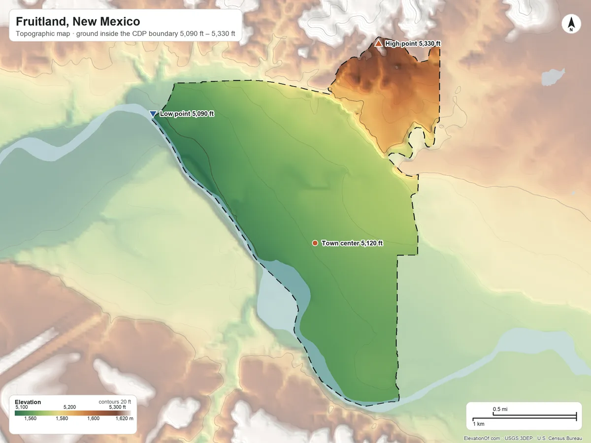 Topographic elevation map of Fruitland, New Mexico, shaded from 5,090 ft on the northwest side to 5,330 ft on the north side