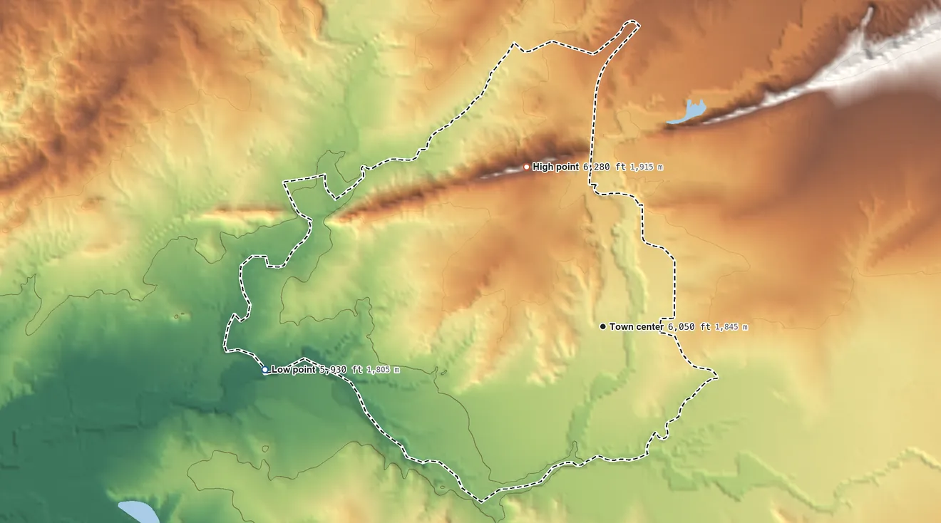 Topographic elevation map of Galisteo, New Mexico, shaded from 5,930 ft on the west side to 6,280 ft on the northwest side