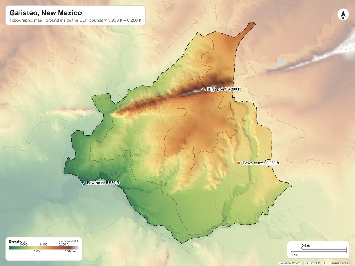 Topographic elevation map of Galisteo, New Mexico, shaded from 5,930 ft on the west side to 6,280 ft on the northwest side
