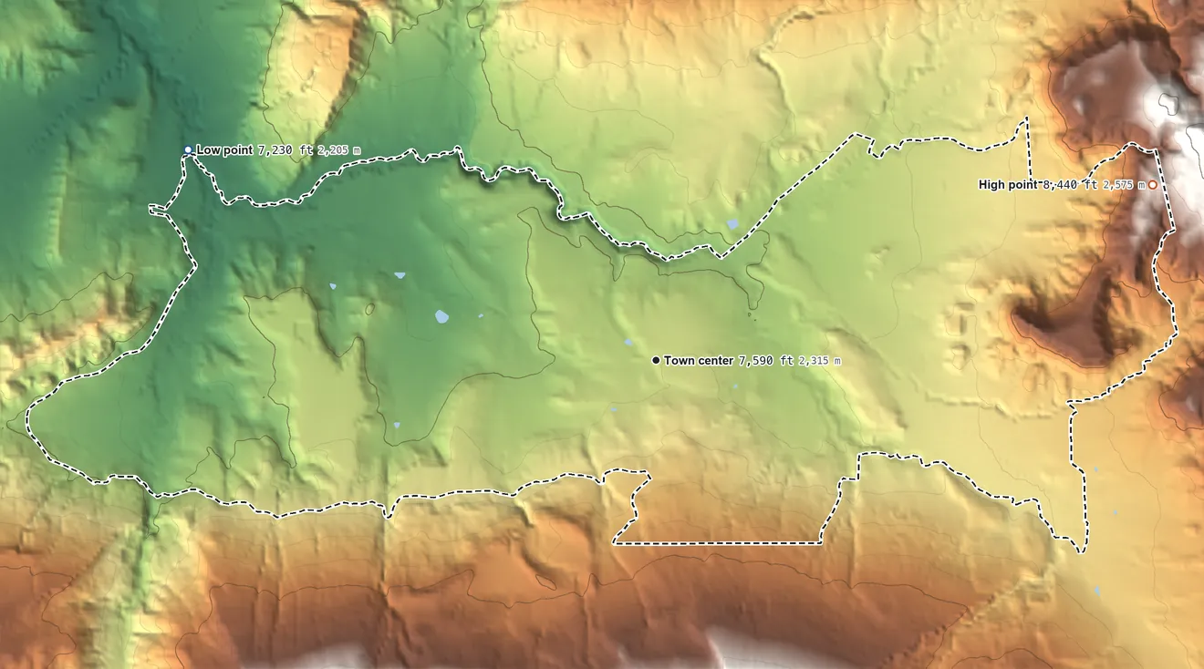 Topographic elevation map of Gallina, New Mexico, shaded from 7,230 ft on the northwest side to 8,440 ft at the foot of the San Pedro Mountains