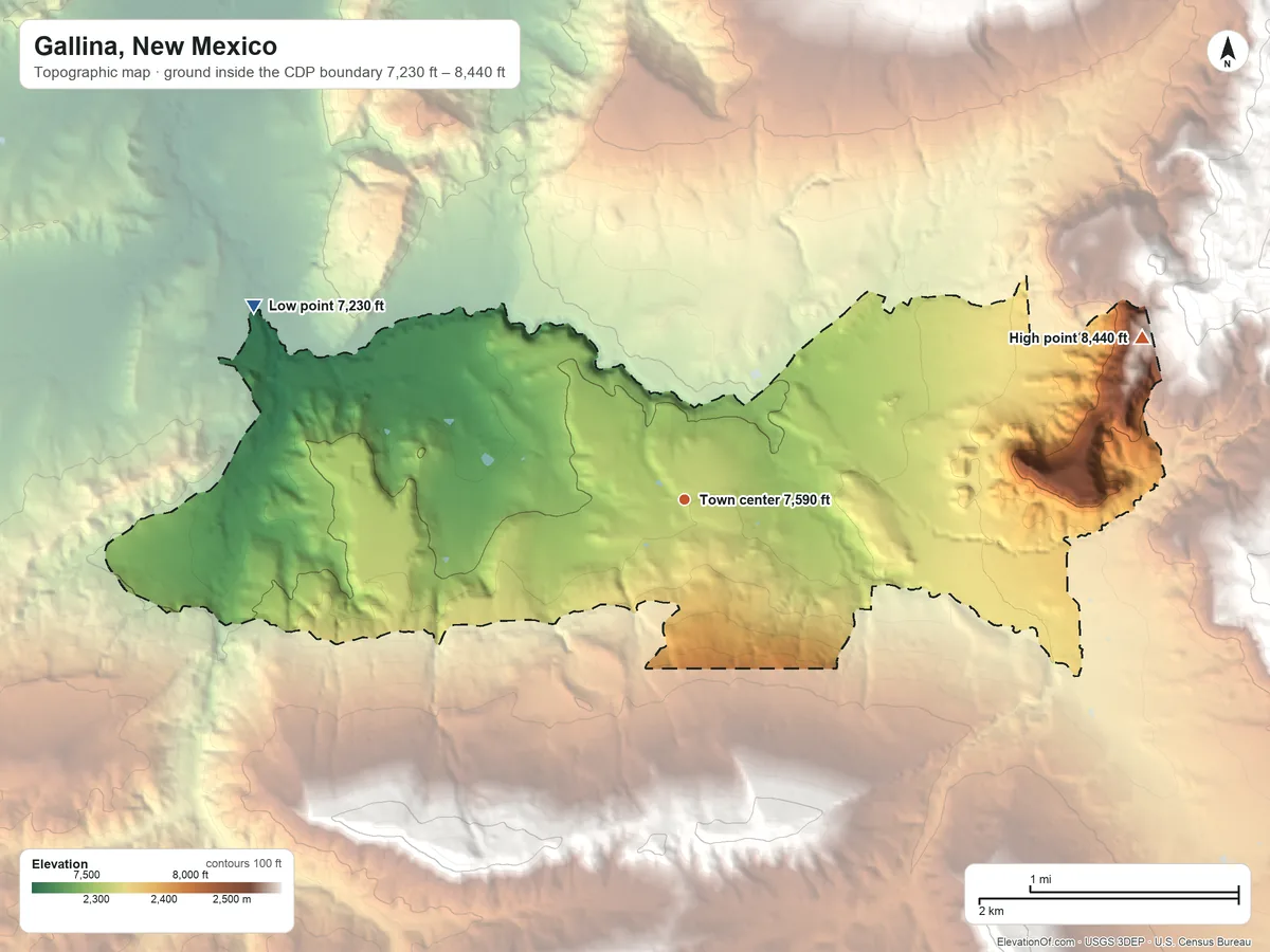Topographic elevation map of Gallina, New Mexico, shaded from 7,230 ft on the northwest side to 8,440 ft at the foot of the San Pedro Mountains