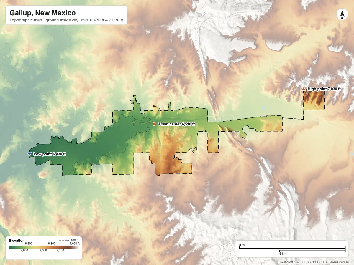 Topographic elevation map of Gallup, New Mexico, shaded from 6,430 ft on the west side to 7,030 ft on the east edge, below higher ground just outside