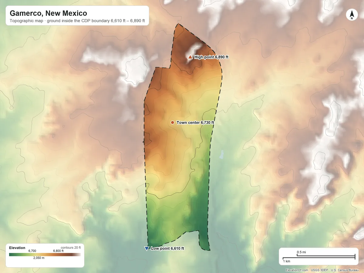 Topographic elevation map of Gamerco, New Mexico, shaded from 6,610 ft on the south side to 6,890 ft on the north side