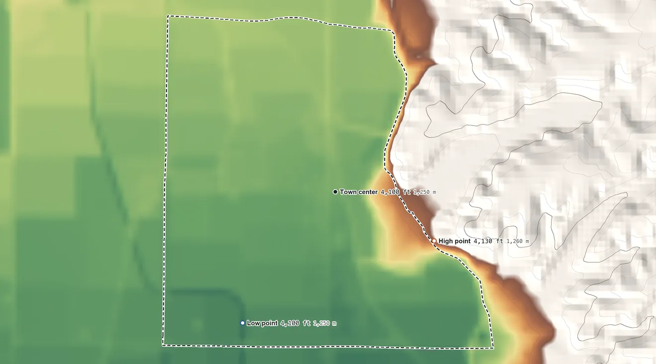 Topographic elevation map of Garfield, New Mexico, shaded from 4,100 ft on the southwest side to 4,130 ft at the foot of the Caballo Mountains