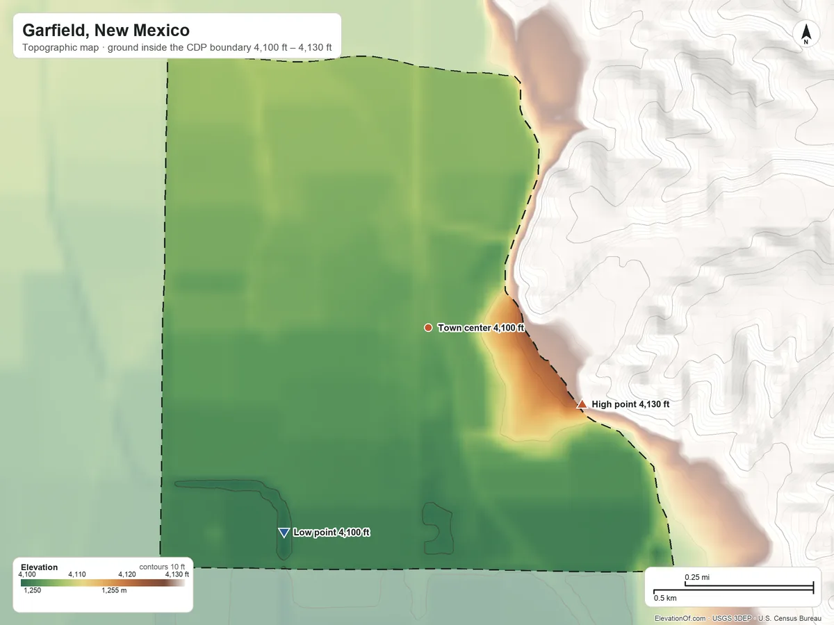 Topographic elevation map of Garfield, New Mexico, shaded from 4,100 ft on the southwest side to 4,130 ft at the foot of the Caballo Mountains