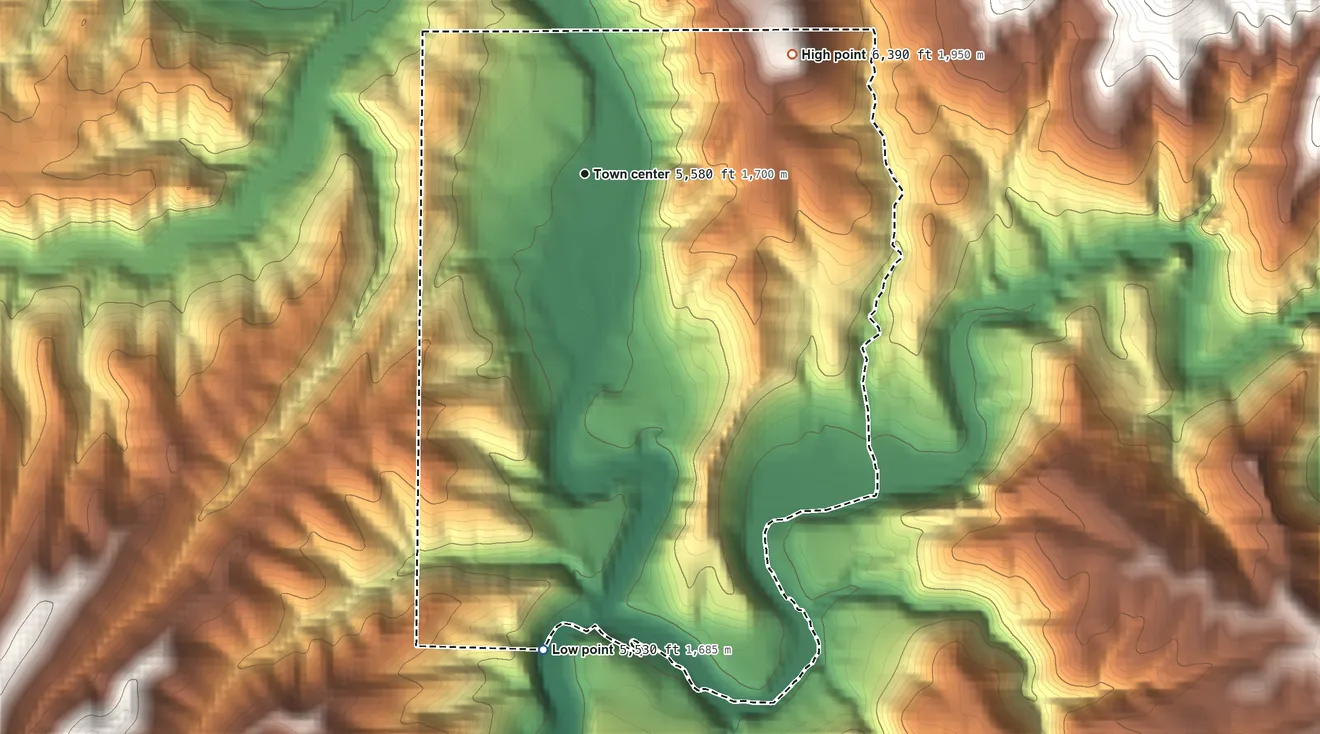 Topographic elevation map of Gila Hot Springs, New Mexico, shaded from 5,530 ft on the south side to 6,390 ft at the foot of the Diablo Range