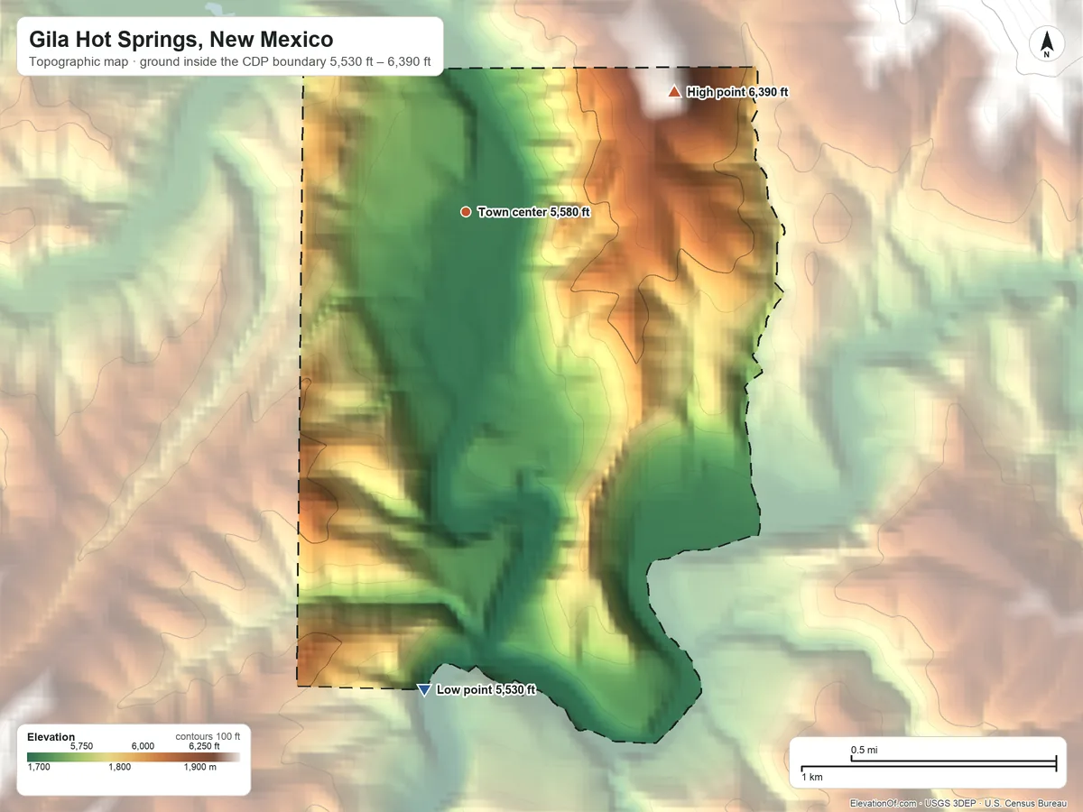 Topographic elevation map of Gila Hot Springs, New Mexico, shaded from 5,530 ft on the south side to 6,390 ft at the foot of the Diablo Range