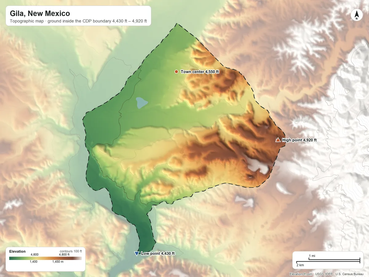 Topographic elevation map of Gila, New Mexico, shaded from 4,430 ft on the south side to 4,920 ft at the foot of the Silver City Range