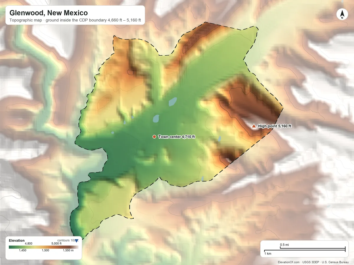 Topographic elevation map of Glenwood, New Mexico, shaded from 4,660 ft on the southwest side to 5,160 ft at the foot of the Sierra Aguilada