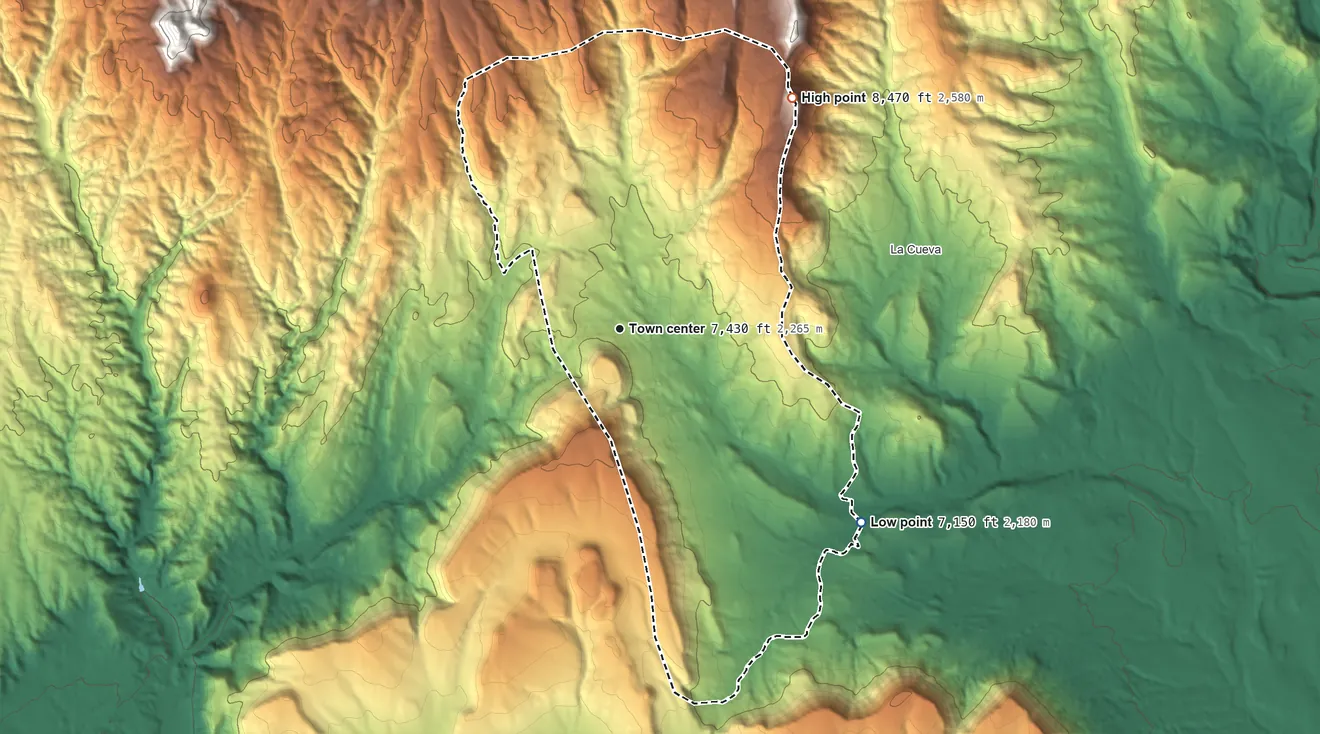 Topographic elevation map of Glorieta, New Mexico, shaded from 7,150 ft on the southeast side to 8,470 ft on the northeast side