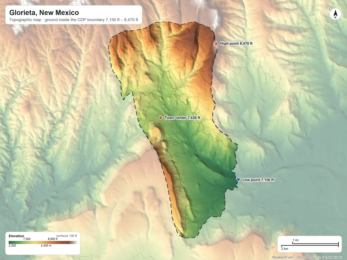 Topographic elevation map of Glorieta, New Mexico, shaded from 7,150 ft on the southeast side to 8,470 ft on the northeast side