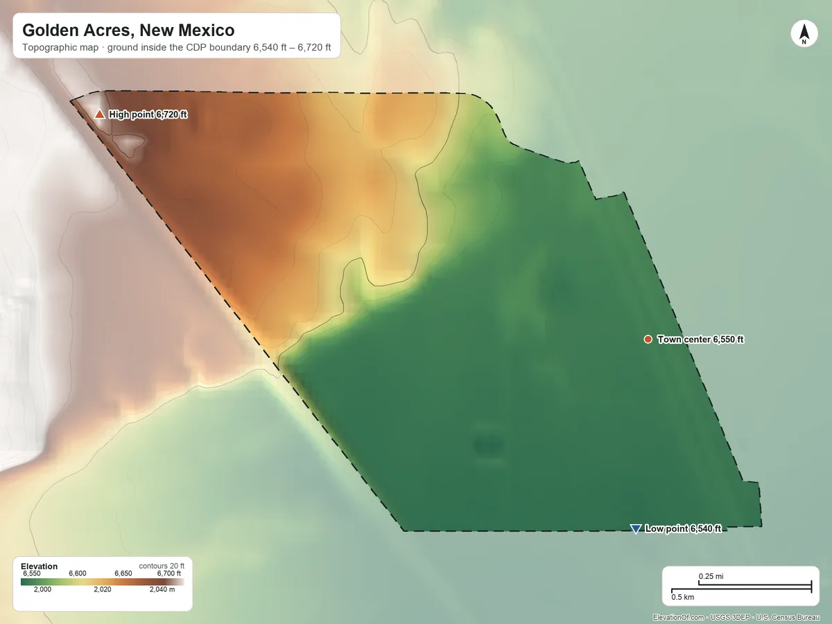 Topographic elevation map of Golden Acres, New Mexico, shaded from 6,540 ft on the south side to 6,720 ft on the west side