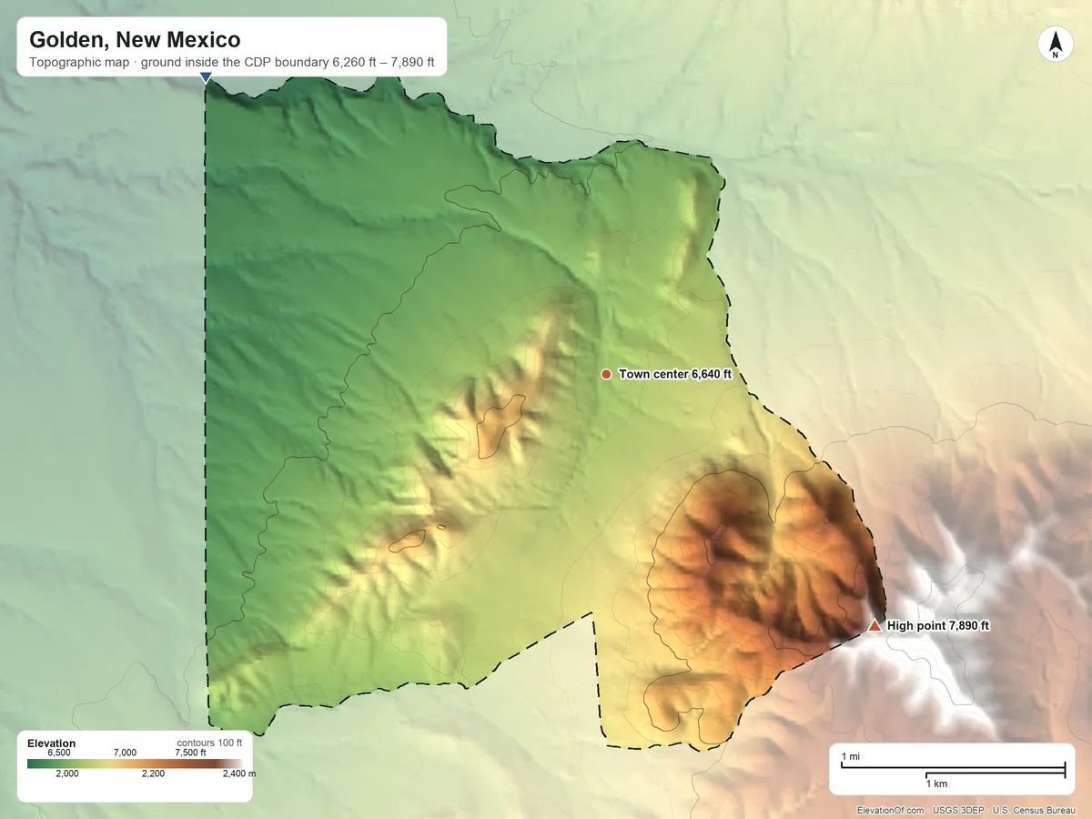 Topographic elevation map of Golden, New Mexico, shaded from 6,260 ft on the northwest side to 7,890 ft at the foot of the San Pedro Mountains