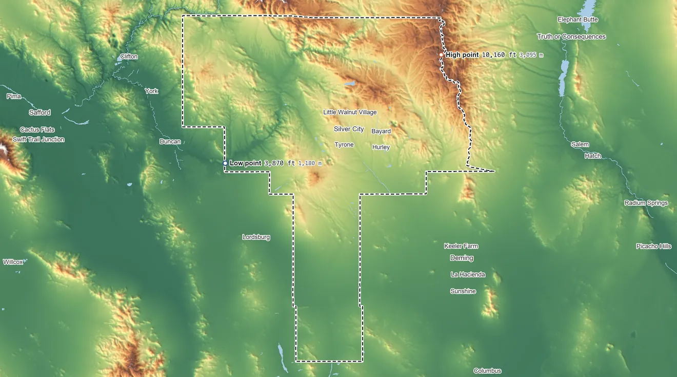 Topographic elevation map of Grant County, New Mexico, shaded from 3,870 ft on the west side to 10,160 ft on McKnight Mountain