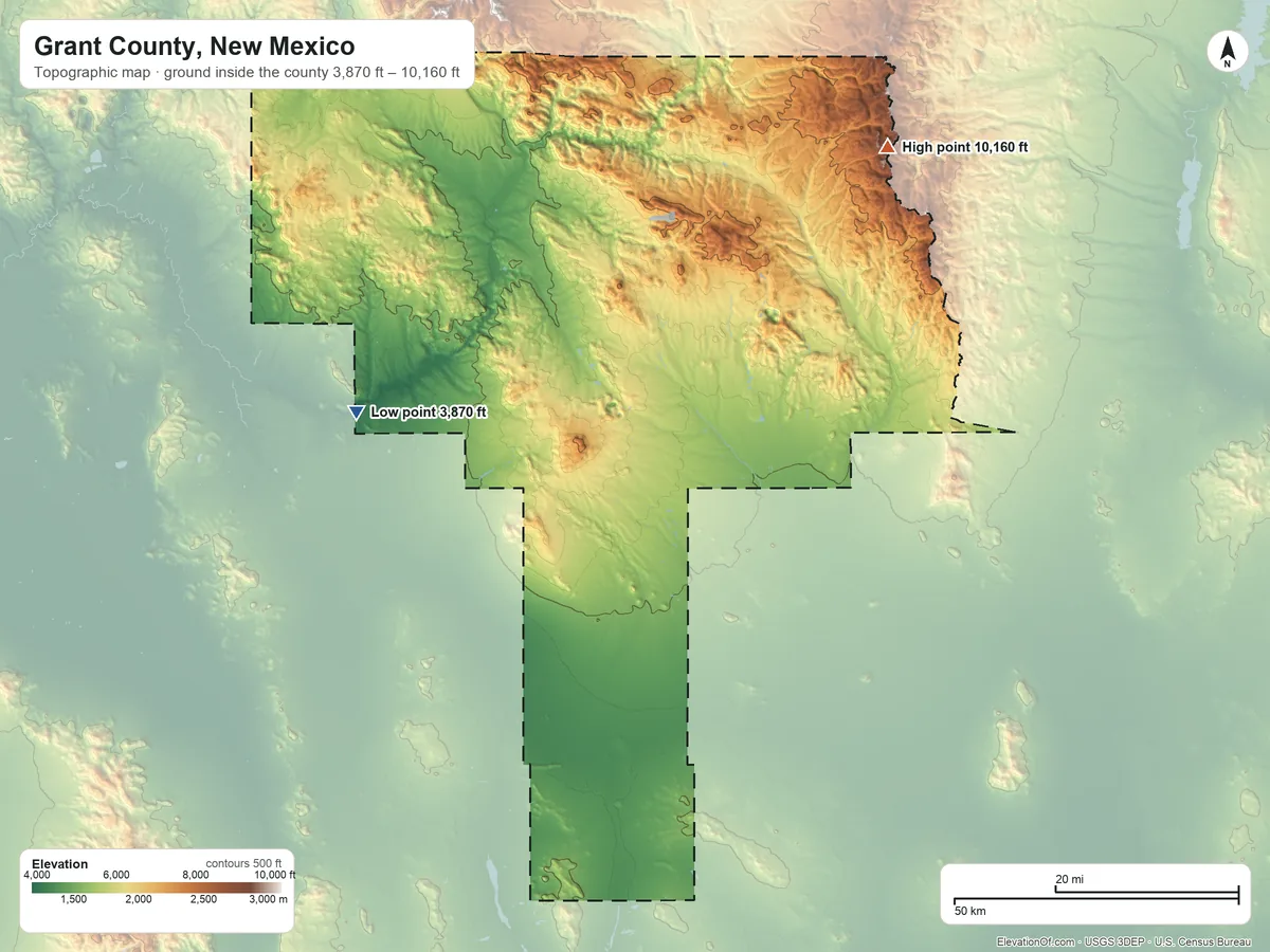 Topographic elevation map of Grant County, New Mexico, shaded from 3,870 ft on the west side to 10,160 ft on McKnight Mountain