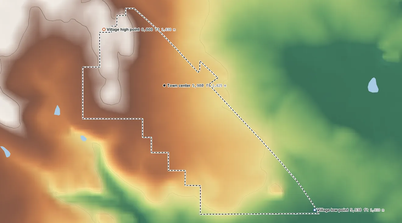 Topographic elevation map of Grenville, New Mexico, shaded from 5,930 ft on the southeast side to 6,000 ft on the northwest side