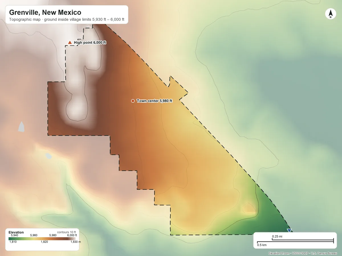 Topographic elevation map of Grenville, New Mexico, shaded from 5,930 ft on the southeast side to 6,000 ft on the northwest side