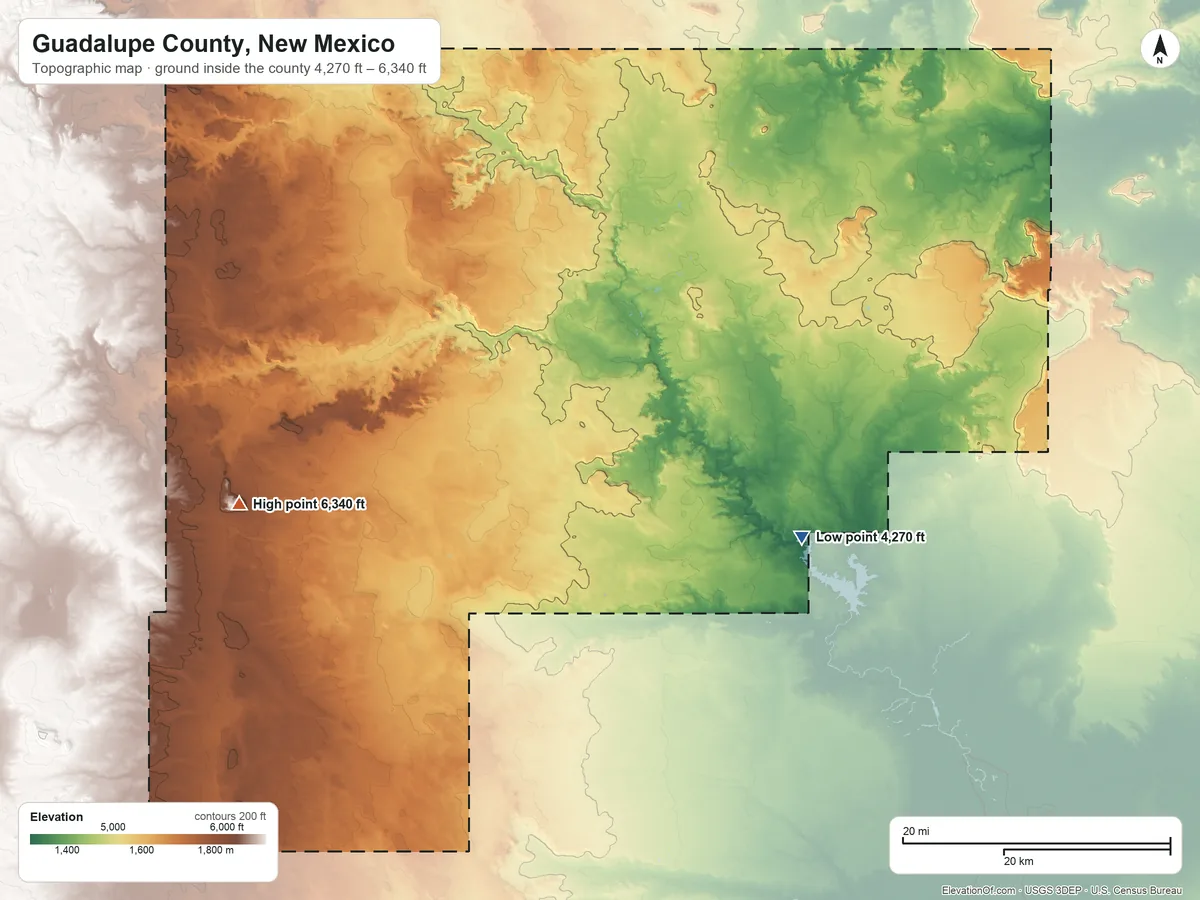 Topographic elevation map of Guadalupe County, New Mexico, shaded from 4,270 ft on the southeast side to 6,340 ft on Mesa Leon