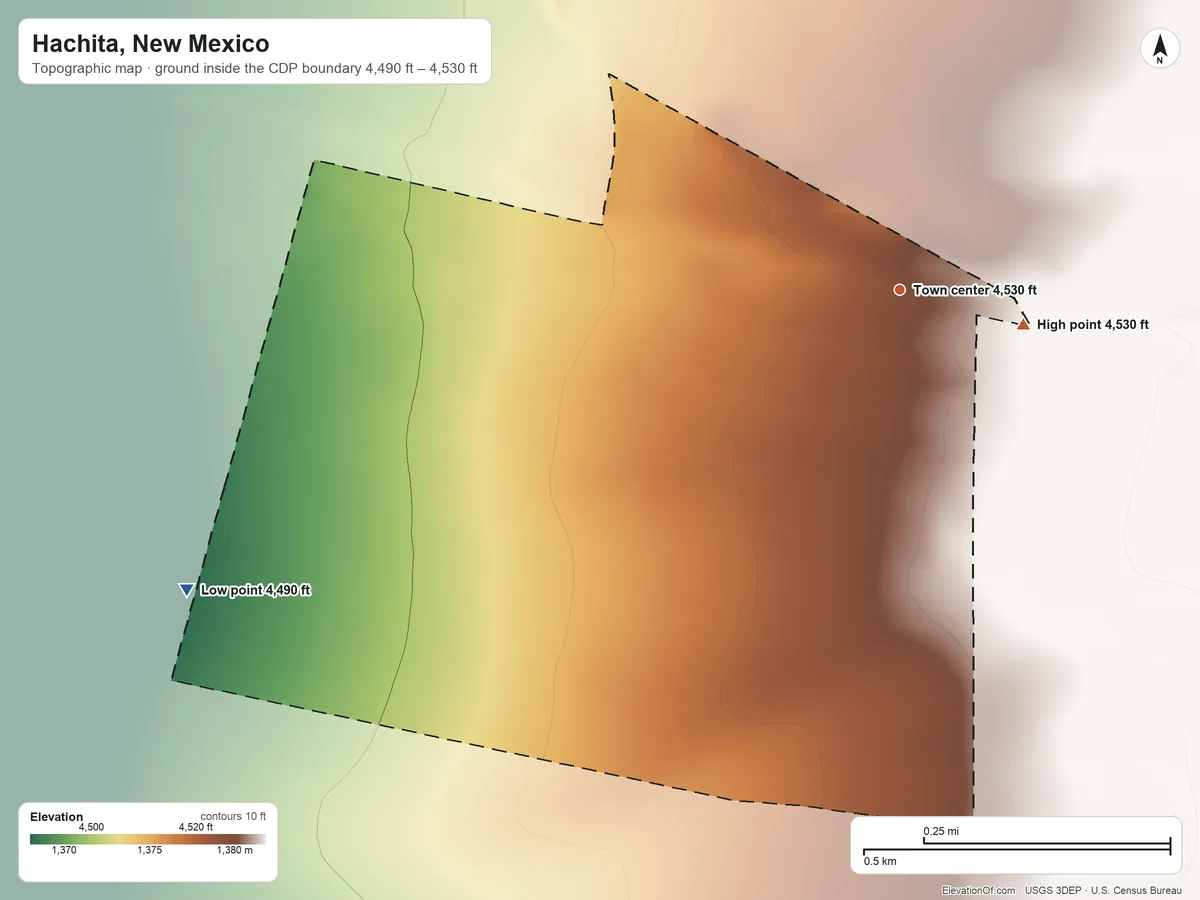 Topographic elevation map of Hachita, New Mexico, shaded from 4,490 ft on the southwest side to 4,530 ft on the east side