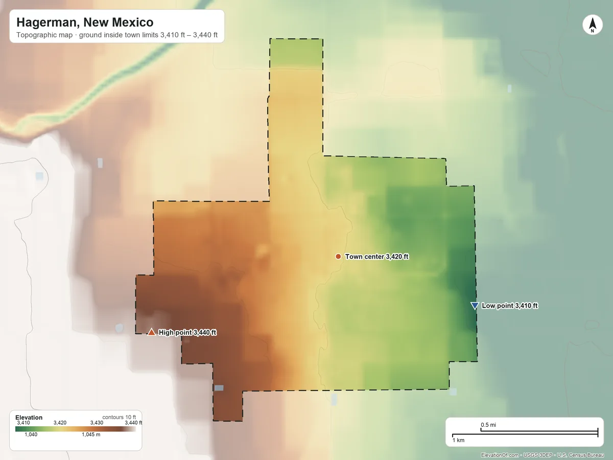 Topographic elevation map of Hagerman, New Mexico, shaded from 3,410 ft on the east side to 3,440 ft on the west side
