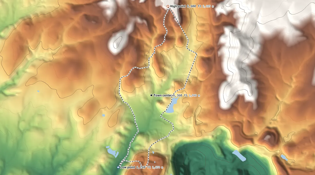 Topographic elevation map of Hanover, New Mexico, shaded from 6,140 ft on the southwest side to 6,900 ft at the foot of the Pinos Altos Range