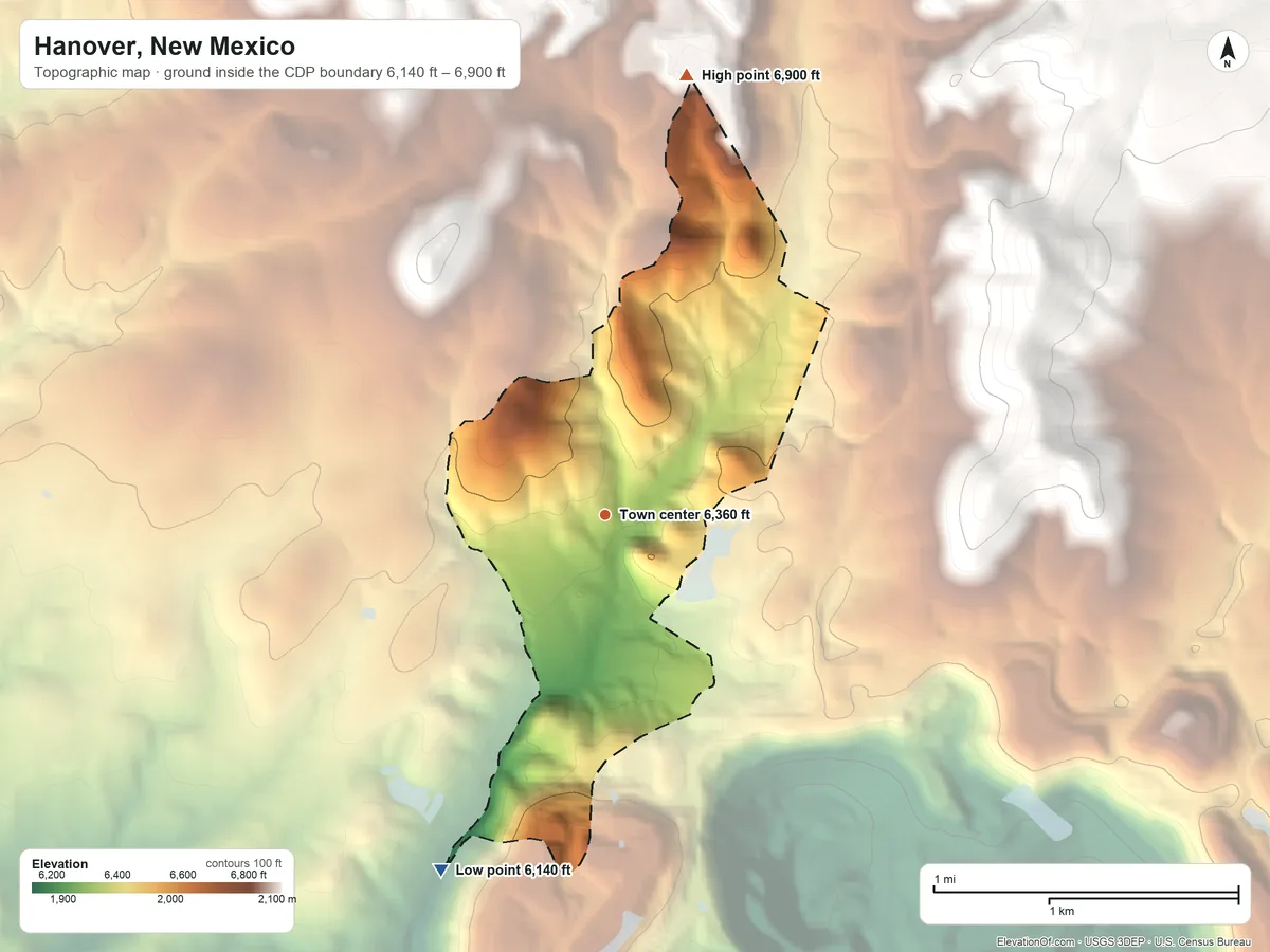 Topographic elevation map of Hanover, New Mexico, shaded from 6,140 ft on the southwest side to 6,900 ft at the foot of the Pinos Altos Range