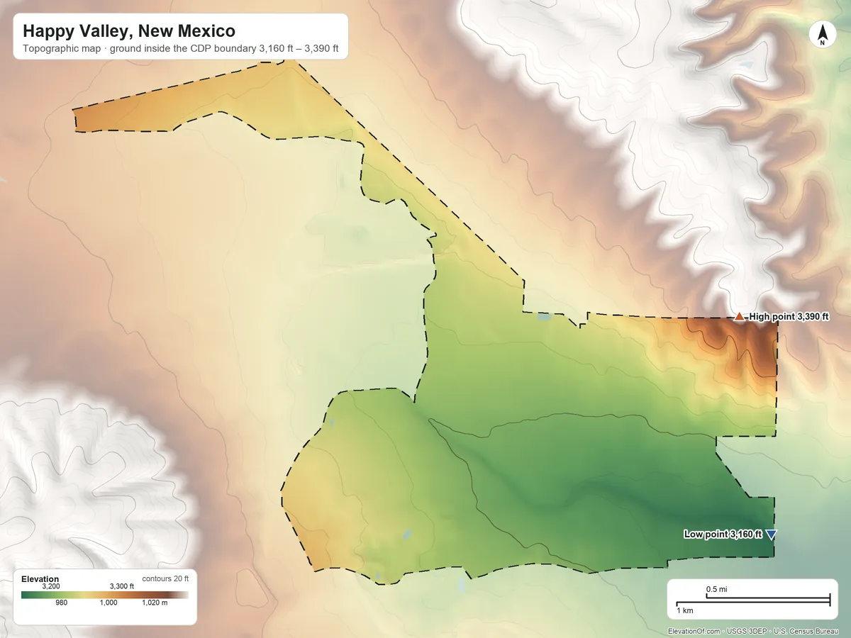 Topographic elevation map of Happy Valley, New Mexico, shaded from 3,160 ft on the southeast side to 3,390 ft on the northeast side