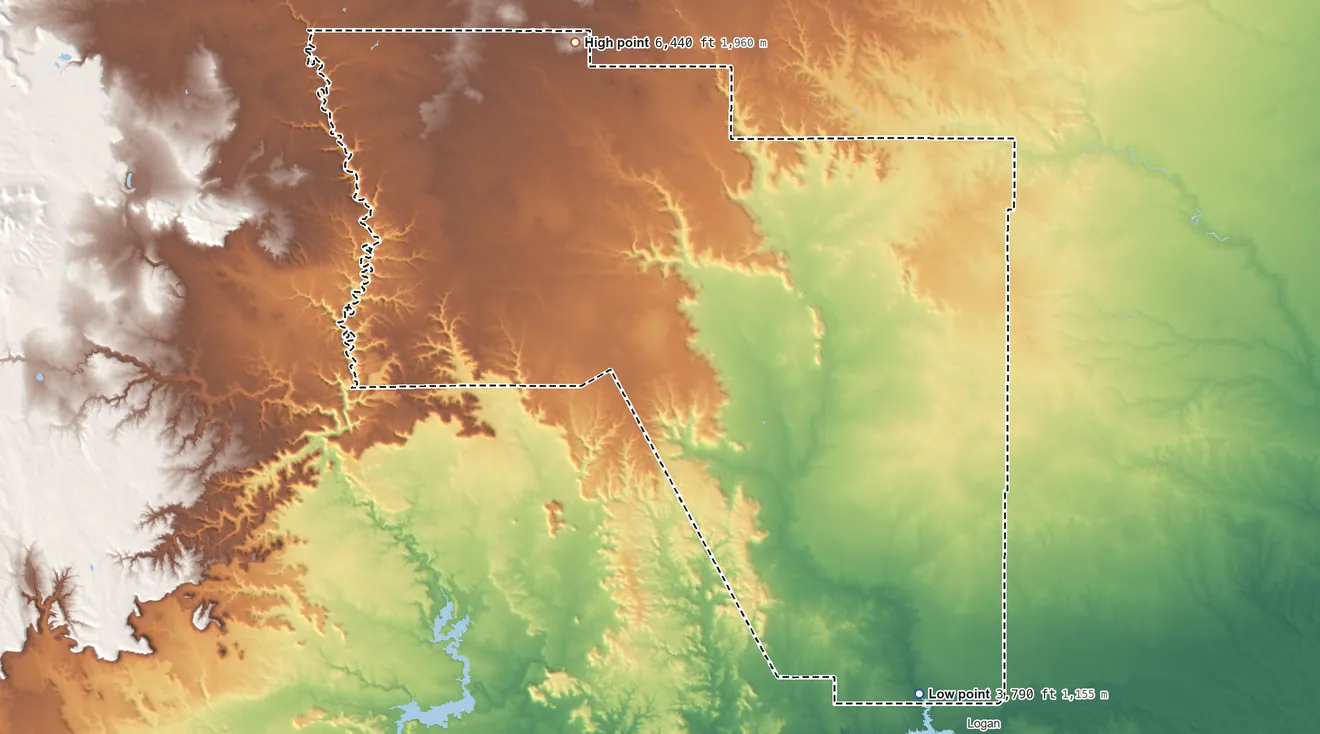 Topographic elevation map of Harding County, New Mexico, shaded from 3,790 ft on the southeast side to 6,440 ft on Sugarloaf Mountain