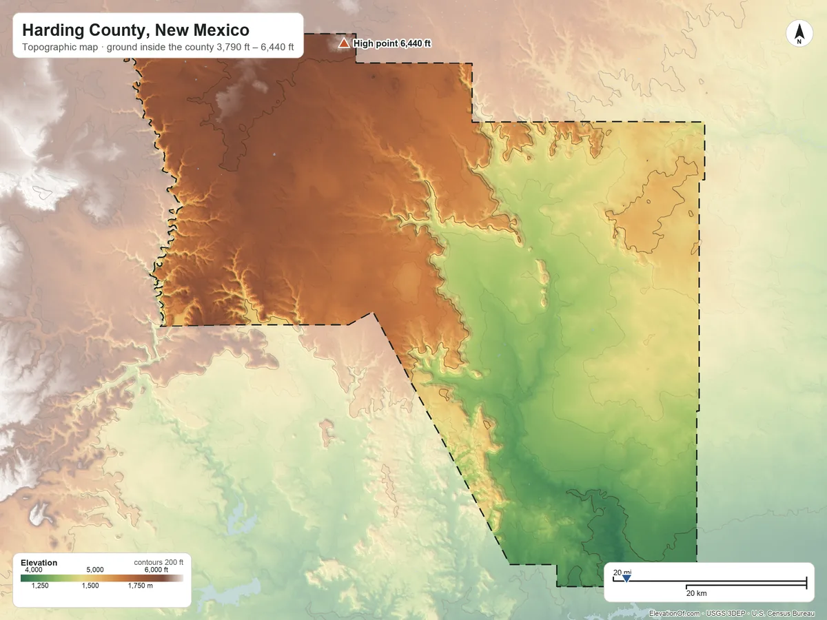 Topographic elevation map of Harding County, New Mexico, shaded from 3,790 ft on the southeast side to 6,440 ft on Sugarloaf Mountain