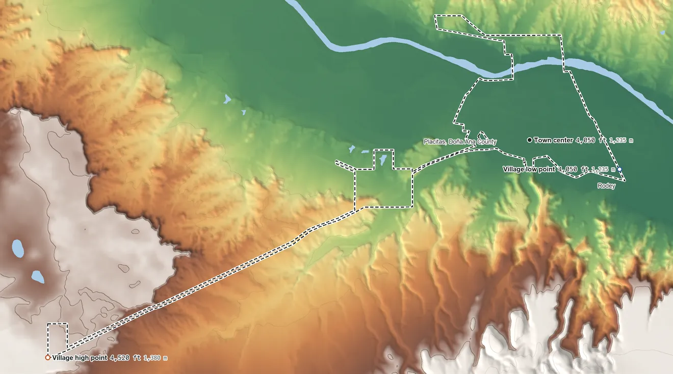 Topographic elevation map of Hatch, New Mexico, shaded from 4,050 ft on the east side to 4,520 ft on the southwest side