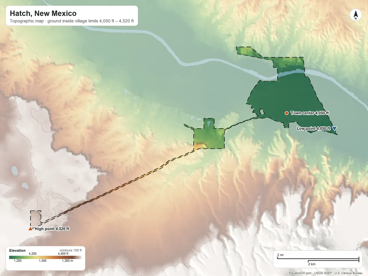 Topographic elevation map of Hatch, New Mexico, shaded from 4,050 ft on the east side to 4,520 ft on the southwest side