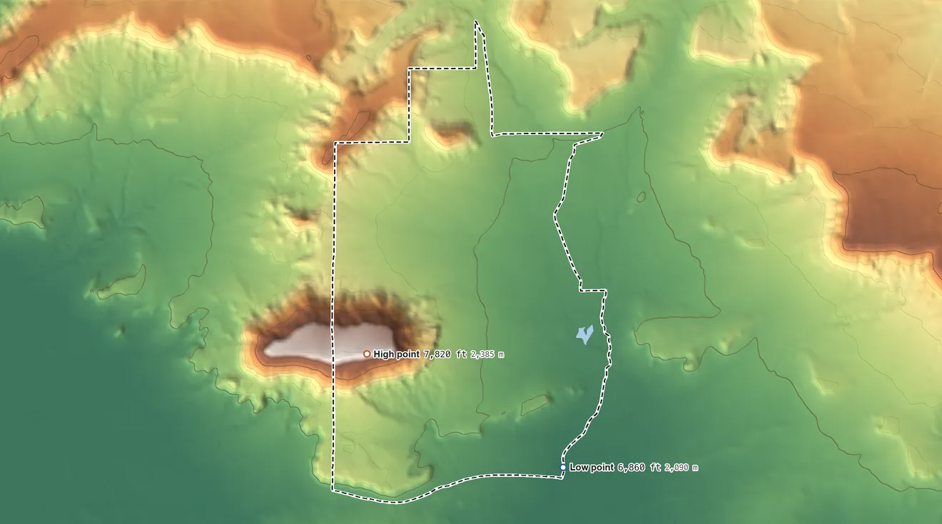 Topographic elevation map of Haystack, New Mexico, shaded from 6,860 ft on the southeast side to 7,820 ft near the middle