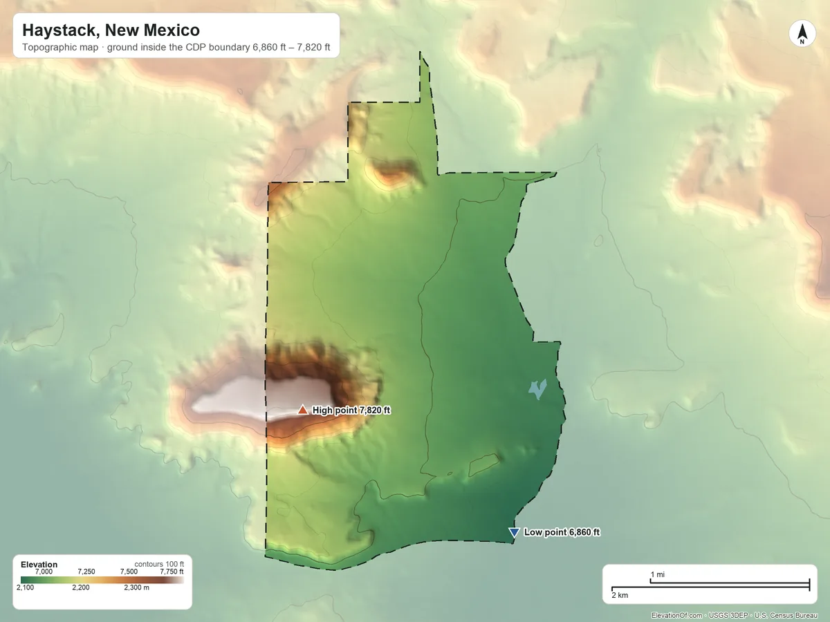 Topographic elevation map of Haystack, New Mexico, shaded from 6,860 ft on the southeast side to 7,820 ft near the middle