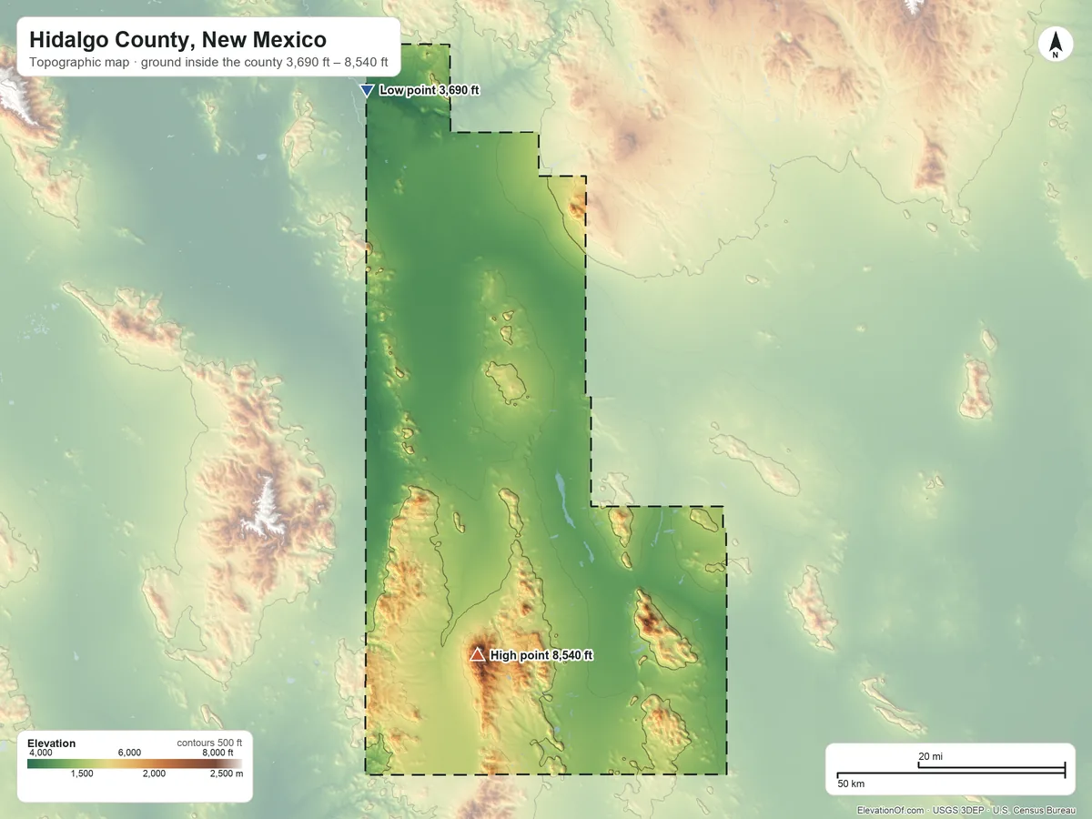 Topographic elevation map of Hidalgo County, New Mexico, shaded from 3,690 ft on the northwest side to 8,540 ft on Animas Peak