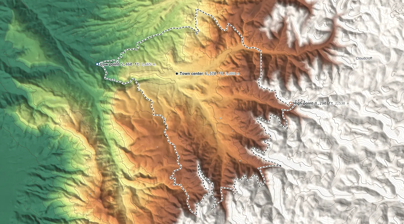 Topographic elevation map of High Rolls, New Mexico, shaded from 5,460 ft on the west side to 8,290 ft at the foot of the Sacramento Mountains