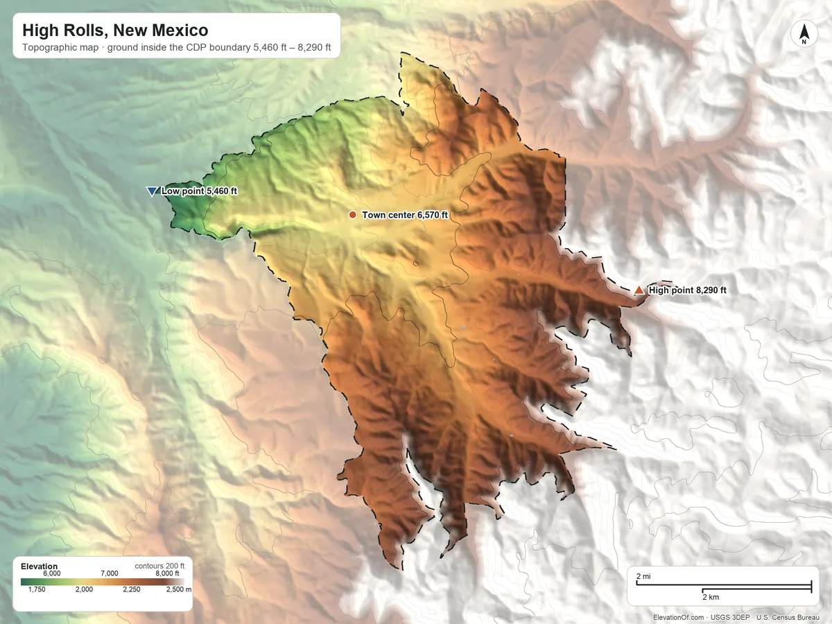 Topographic elevation map of High Rolls, New Mexico, shaded from 5,460 ft on the west side to 8,290 ft at the foot of the Sacramento Mountains