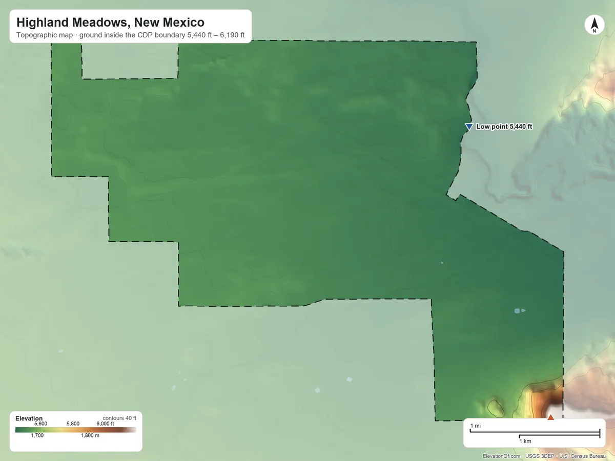 Topographic elevation map of Highland Meadows, New Mexico, shaded from 5,440 ft on the east side to 6,190 ft on Mesa Redonda